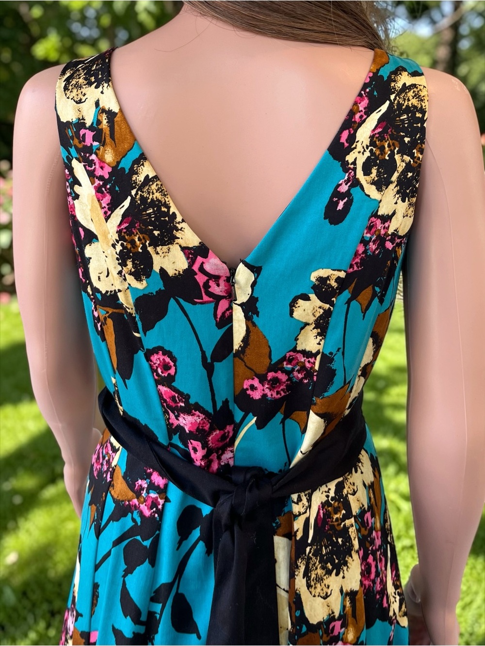 Nine West Teal Floral Fit & Flare Dress Size 6 Belted Cotton Stretch Y2K - Picture 3 of 10